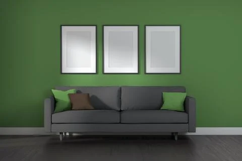 Three frames on Living room interior with gray sofa, pillows, green plaid o.. Stockillustratie