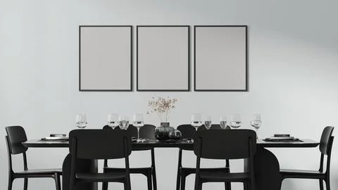 Three frames mock up above a beautiful dining table setted with cutlery, pl.. イラスト素材