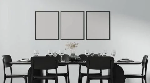 Three frames mock up above a beautiful dining table setted with cutlery, p... Foto stock