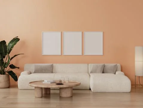 Three frames mock up in modern living room interior in peach fuzz color, 3d r Illustrazione stock