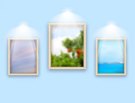 Three frames with photos hanging on wall Stock Illustration