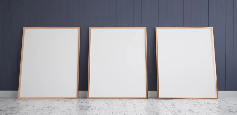 Three Frames with Poster Mockup standing on the wooden floor. 3D render Stock Illustration