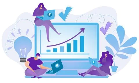 Three freelancers around large computer having a meeting. Stock Illustration