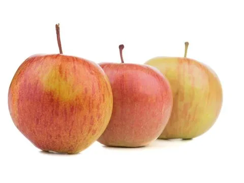 Three fresh apples with red and yellow colors on white background 库存照片