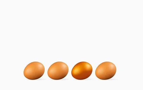 Three fresh brown chicken eggs lie next to one golden egg on a white background Stock Illustration