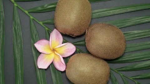 Three Fresh Raw Exotic Tropical Kiwi Fruits also called Chinese Gooseberrys Stock Footage 93456504