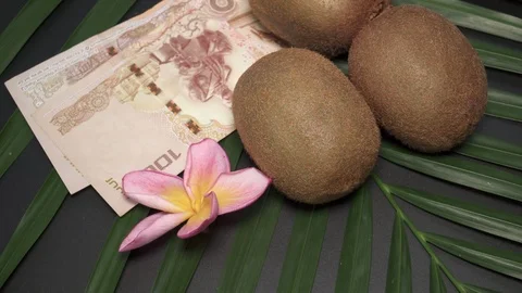 Three Fresh Raw Exotic Tropical Kiwi Fruits also called Chinese Gooseberrys with Stock Footage 93468209