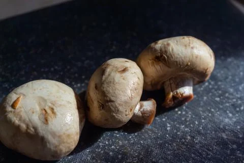 Three fresh raw white button mushrooms lying on a dark stone kitchen counter Stock Photos