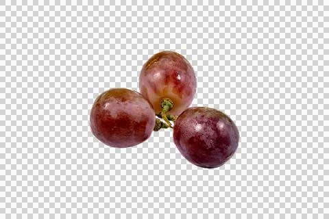 Three fresh red grapes with smooth skins and a small green stem, isolated. Stock Photos