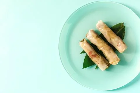 Three fresh spring rolls stuffed with seafood and vegetables. Stock Photos