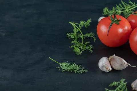 Three fresh tomatoes with leaves on a dark background Stock Photos