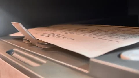 Three freshly printed documents appear on the printer tray after printing. T Stock Footage 317453441