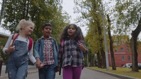 Three Friends With Backpacks Are Going to School. Mixed Racial Group of School Video stock 112669748