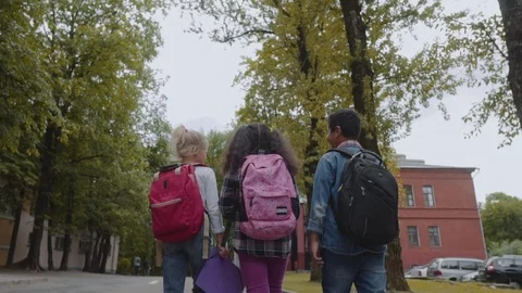 Three Friends With Backpacks Are Going to School. Back View of Mixed Racial Video stock 112669901