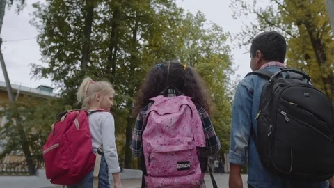 Three Friends With Backpacks Are Going to School. Back View of Mixed Racial Stock Footage 113133492