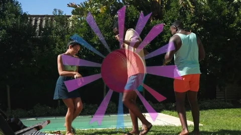 Three friends dancing by yard pool, color burst overlay appearing and syncing Stock Footage 333033727