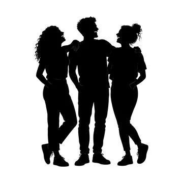Three friends standing together talking and laughing isolated on white Ilustração Stock