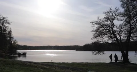 Three friends walking by a lake at sunset, silhouettes under a wide glowing sky Stock Footage 320022602