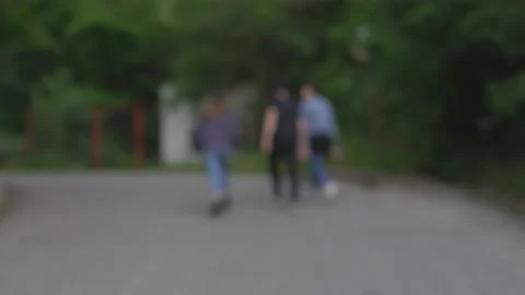 Three friends walking on a road into a forest Stock Footage 133501595