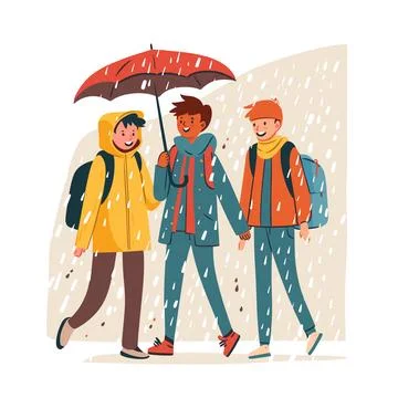 Three friends walking under rain sharing umbrella. Characters smiling, happy Stock Illustration
