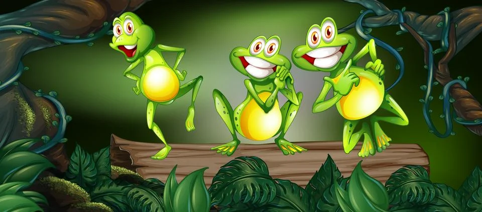 Three frogs dancing on log in the jungle Stock Illustration
