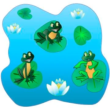 Three frogs, on leaves on the surface of a lake Stock Illustration