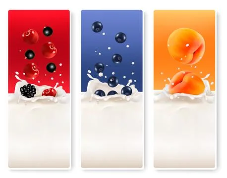 Three fruit and milk labels. vector. Stock Illustration