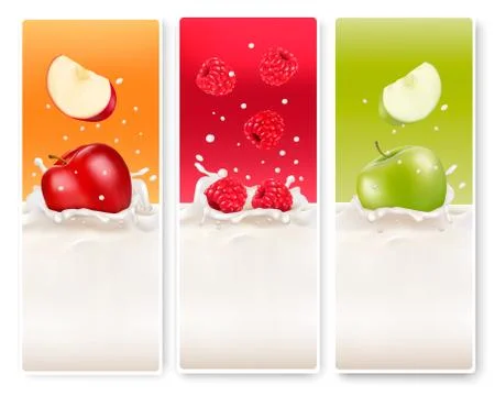 Three fruit and milk labels. vector. Stock Illustration