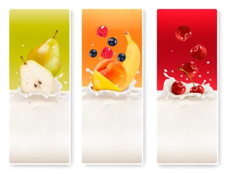 Three fruit and milk labels. vector. Stock Illustration