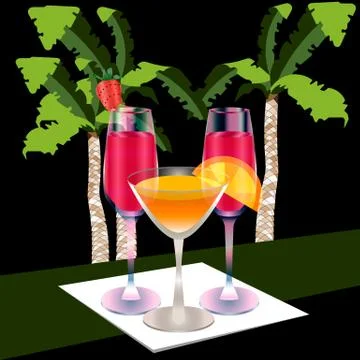 Three full glasses on a napkin, palm background Stock Illustration