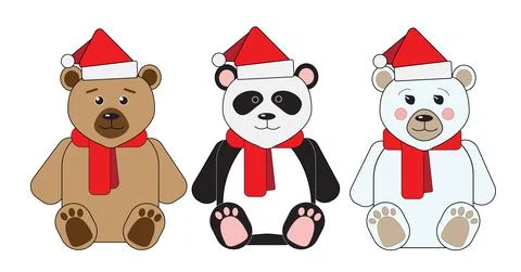 Three funny bears are sitting in red caps Illustrazione stock