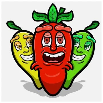 Three Funny Chilli Pepper Mascot Character Design. Clip Art Vector. Stock Illustration