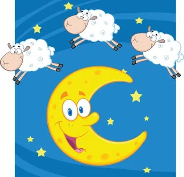Three Funny Counting Sheep Over A Moon Stock Illustration