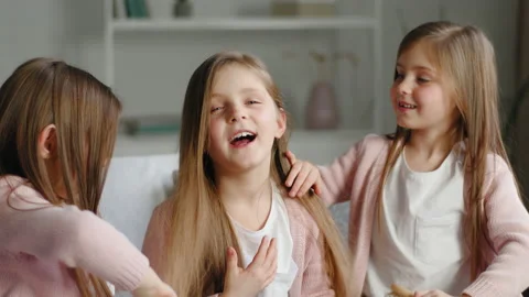 Three funny cute little girls sisters Stock Video Pond5