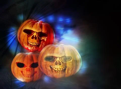 Three funny Halloween pumpkins on the rays of festive illumination Stock Illustration