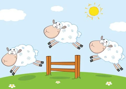 Three Funny Sheep Jumping Over A Fence Stock Illustration
