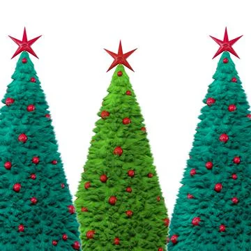 Three fur Christmas trees decorated with red toys and a star. Invite card. White Stock Illustration