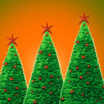 Three fur trees decorated with red toys and a star. Invitation card. Orange Stock Illustration