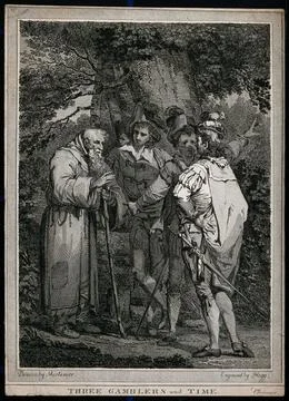 Three gamblers and an old man; representing the vain fight with time. Engra.. Stock Illustration