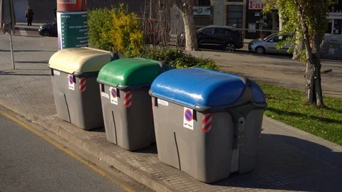 Three garbage cans for separate collection of garbage. Stock-Footage 124370073