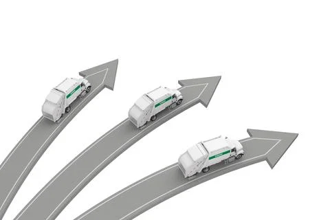 Three garbage trucks go in different directions Stock Illustration