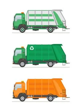 Three garbage trucks isolated on white background. Stock Illustration