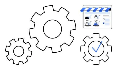 Three gears in different sizes with e-commerce webpage and checkmark. Ideal f Stock Illustration