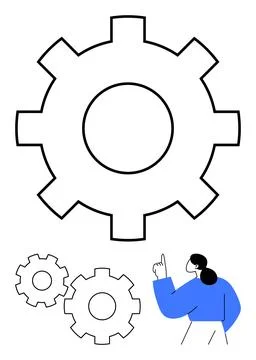 Three gears with different sizes. A person wearing blue and raising a finger. Stock Illustration