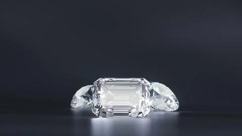 Three Gems in Emerald shape with glares. Dark backdrop with reflection. Stock Illustration