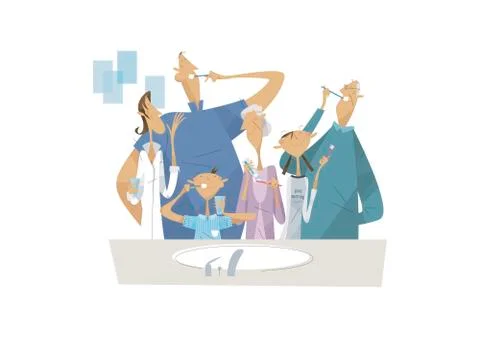 Three-generation family brushing teeth Stock Illustration