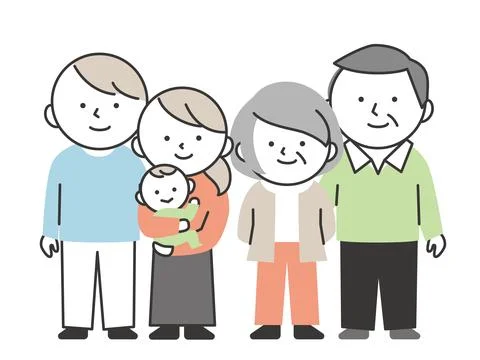 Three generations of family standing side by side. Grandparents, father, mo.. Stock Illustration