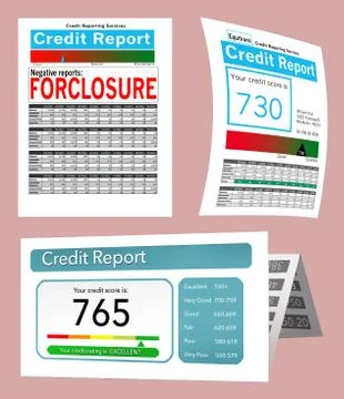 Three generic credit reports for use as a graphic resource are seen here. Stock Illustration
