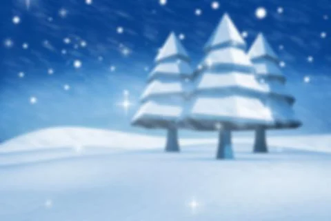 Three geometric evergreen trees are standing in flat design winter scene, with Illustrazione stock