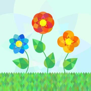 Three geometry mandala flowers on meadow Stock Illustration